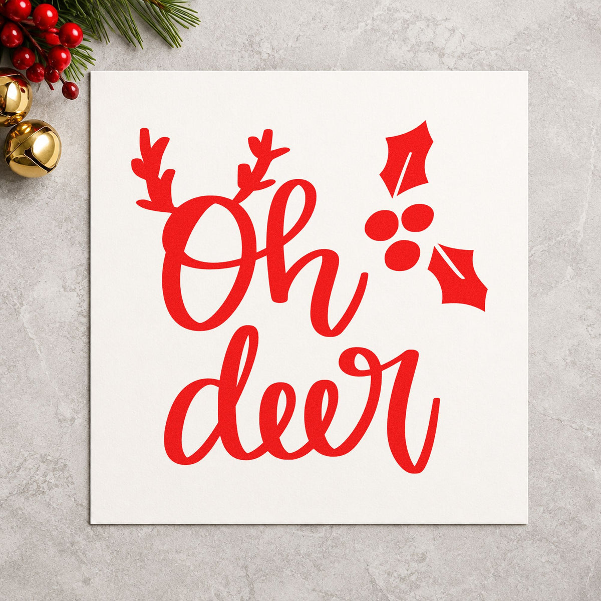 Oh Deer Antlers Holly rubber stamp shown in red ink, stamped for projects such as tin lid labels.