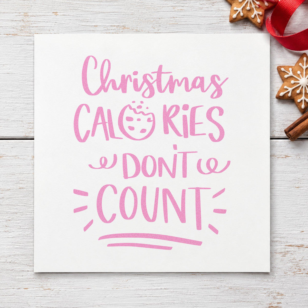 Christmas Calories Don't Count craft stamp in purple ink on cardstock, an easy option for counter album page.