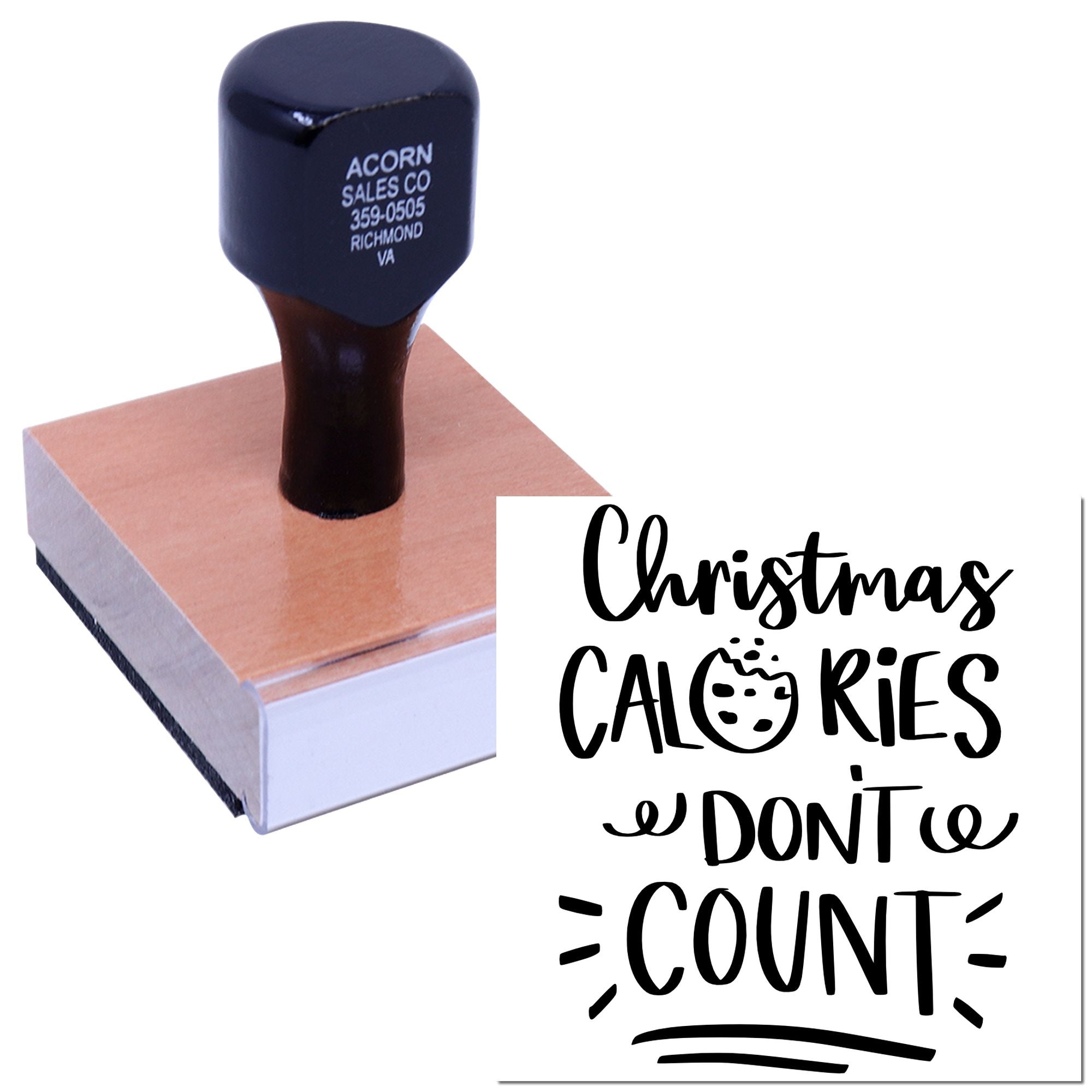 Custom holiday rubber stamp with Christmas calories dont count design for festive cards and crafts.