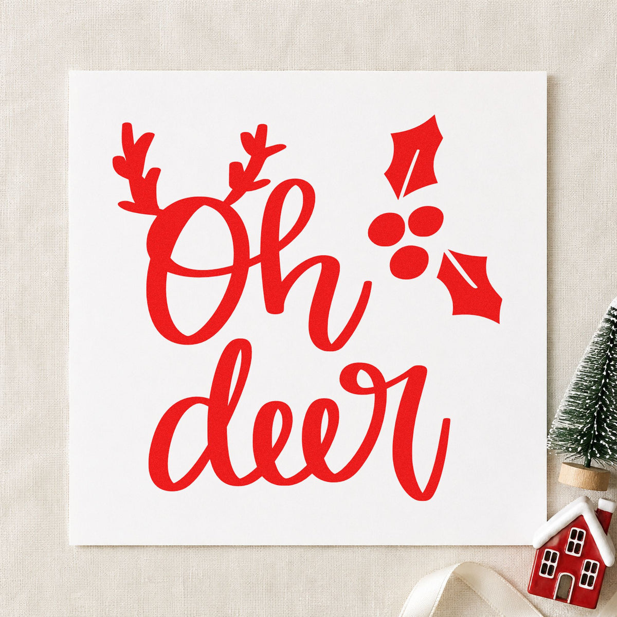 Oh Deer Holly Antlers craft stamp in red ink on cardstock, an easy option for sack panel printing.