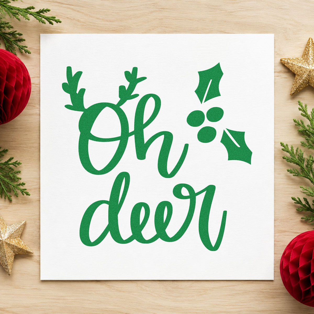 Oh Deer Holly Antlers craft stamp imprint in green ink on a handmade project, one idea being wreath class cards.