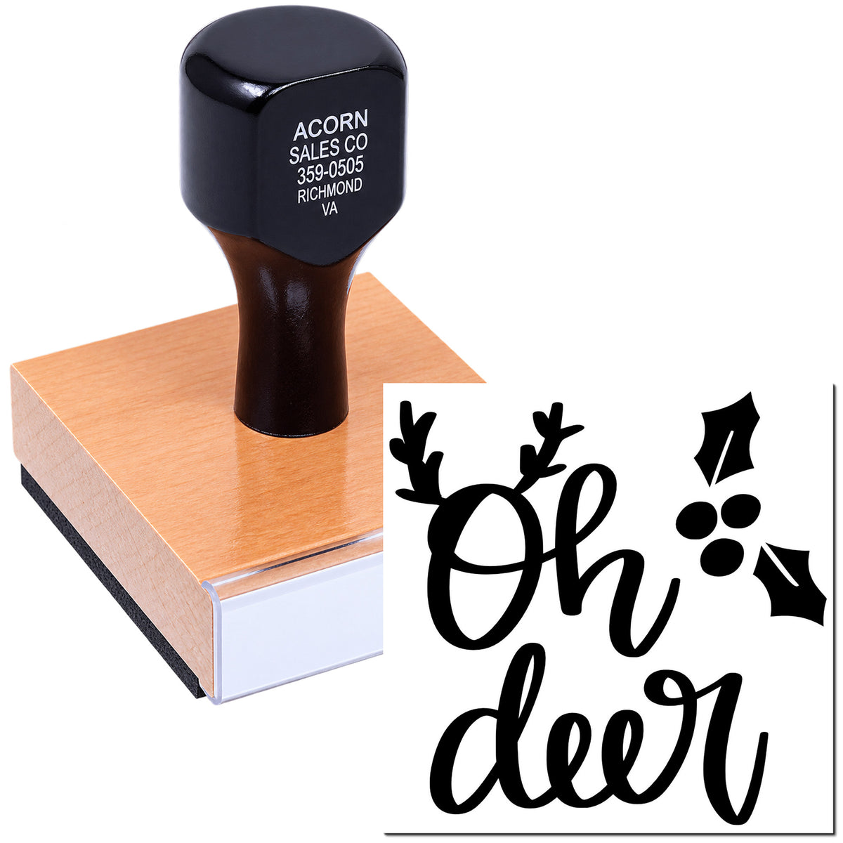 Custom rubber stamp with Oh Deer holiday design for festive cards, crafts and seasonal branding
