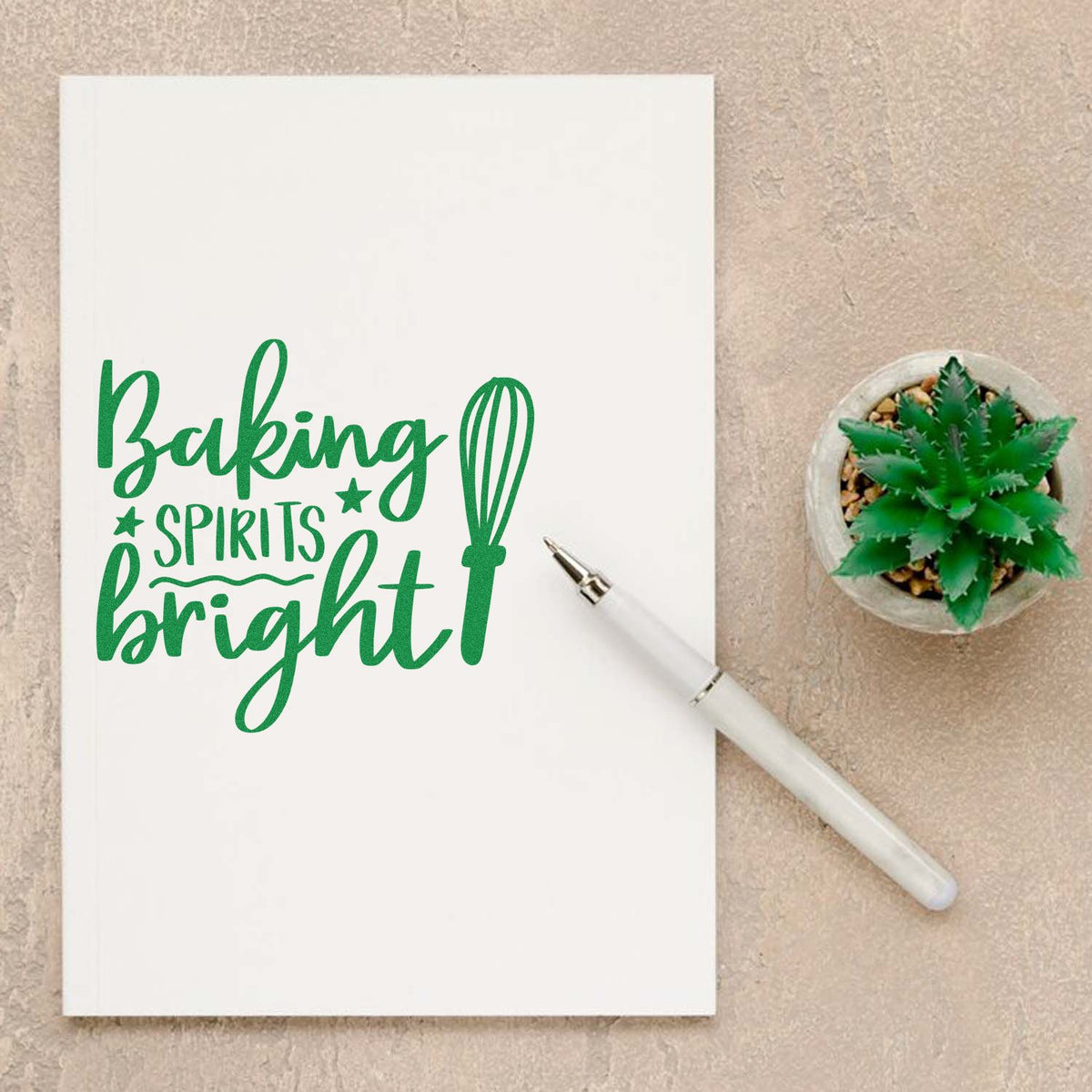 Baking Spirits Bright rubber stamp design with whisk icon for holiday baking cards, journals, and handmade crafts.