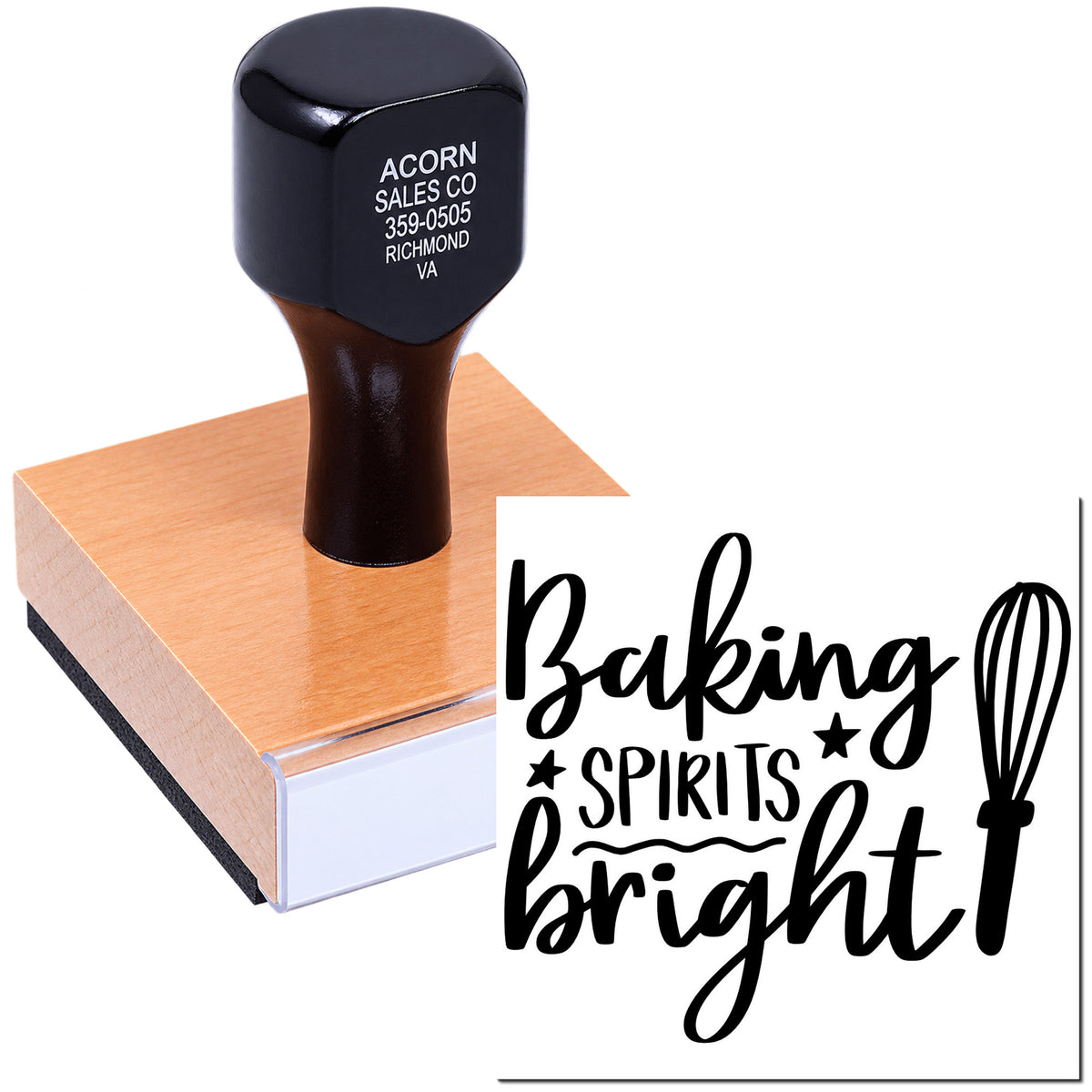 Custom rubber stamp with Baking Spirits Bright logo for holiday baking, gift tags, and bakery packaging.