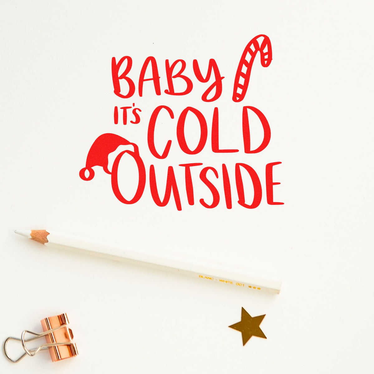 Baby Its Cold Outside rubber stamp design with Santa hat and candy cane for winter holiday cards, scrapbooking, and crafts.