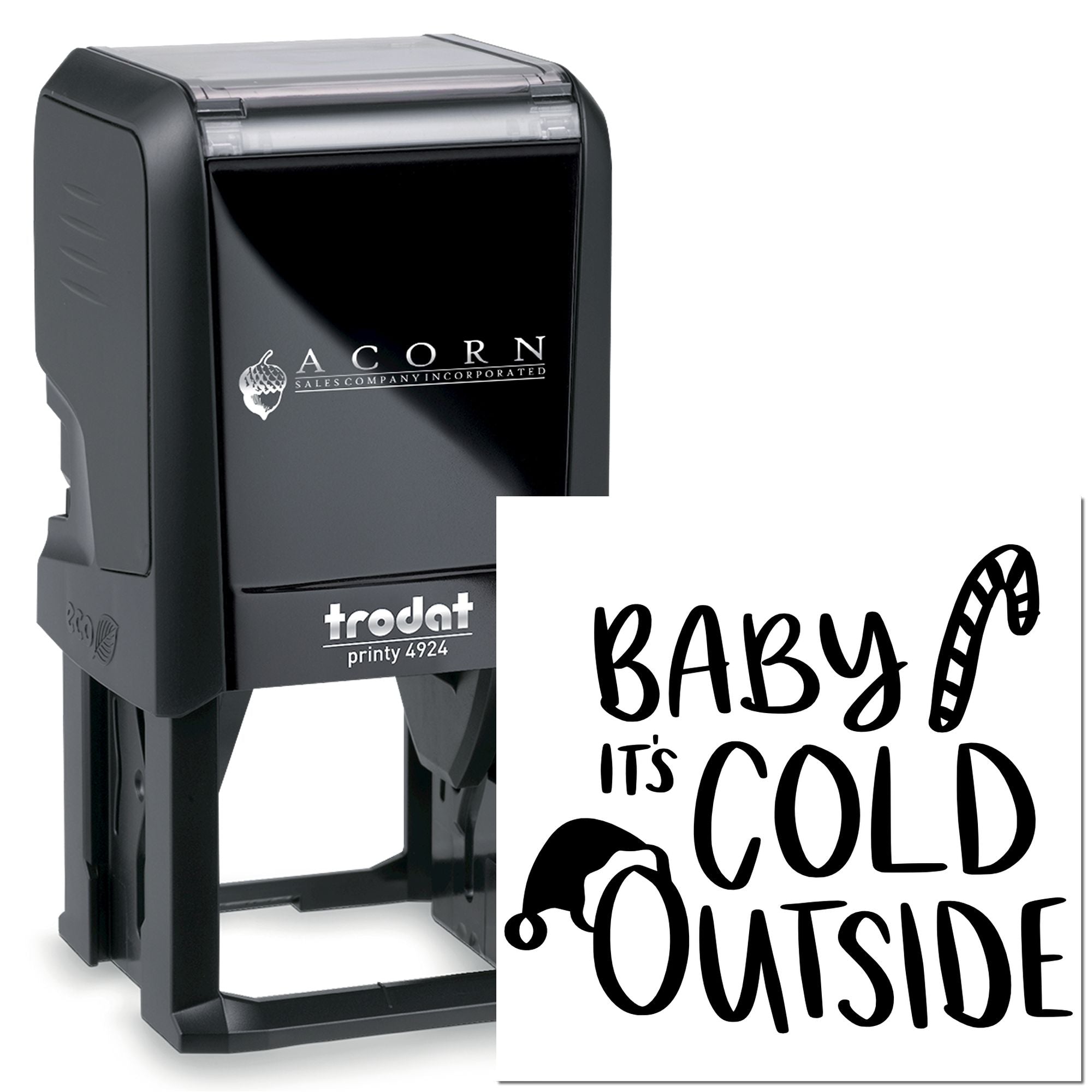 Self-inking rubber stamp with Baby its cold outside imprint for winter-themed baby shower stationery.
