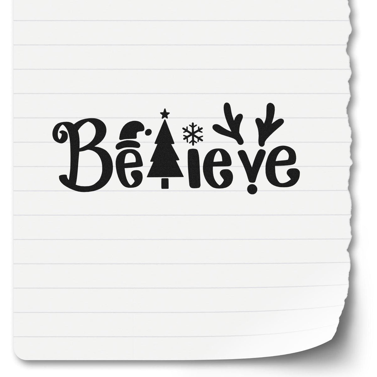 Festive Believe Christmas rubber stamp design with Santa hat, tree, snowflake and reindeer antlers for holiday crafts.