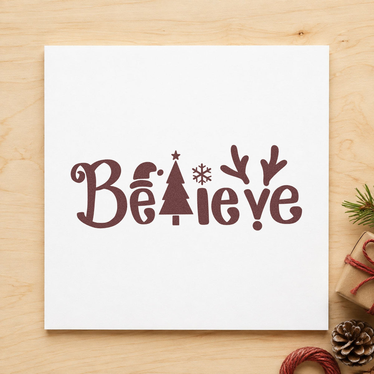 Believe Holiday Lettering Icons rubber stamp printed in brown ink, ready for sketch note sheet and similar paper crafts.