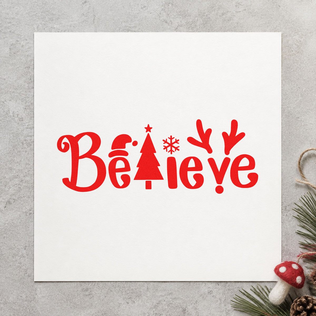 Believe Holiday Lettering Icons rubber stamp shown in red ink, stamped for projects such as supply bin labels.