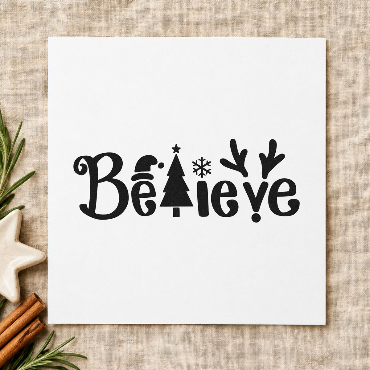 Believe Holiday Lettering Icons rubber stamp printed in black ink, ready for built in shapes cards and similar paper crafts.