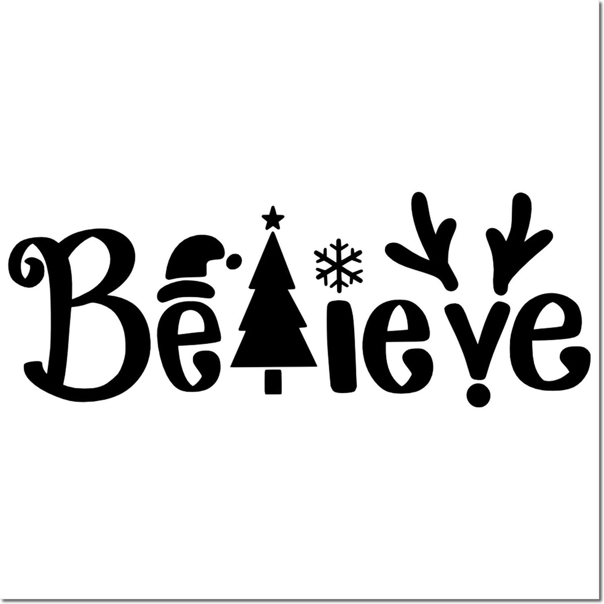 Believe Christmas rubber stamp design with festive tree, snowflake, and reindeer antlers for holiday cards and crafts.