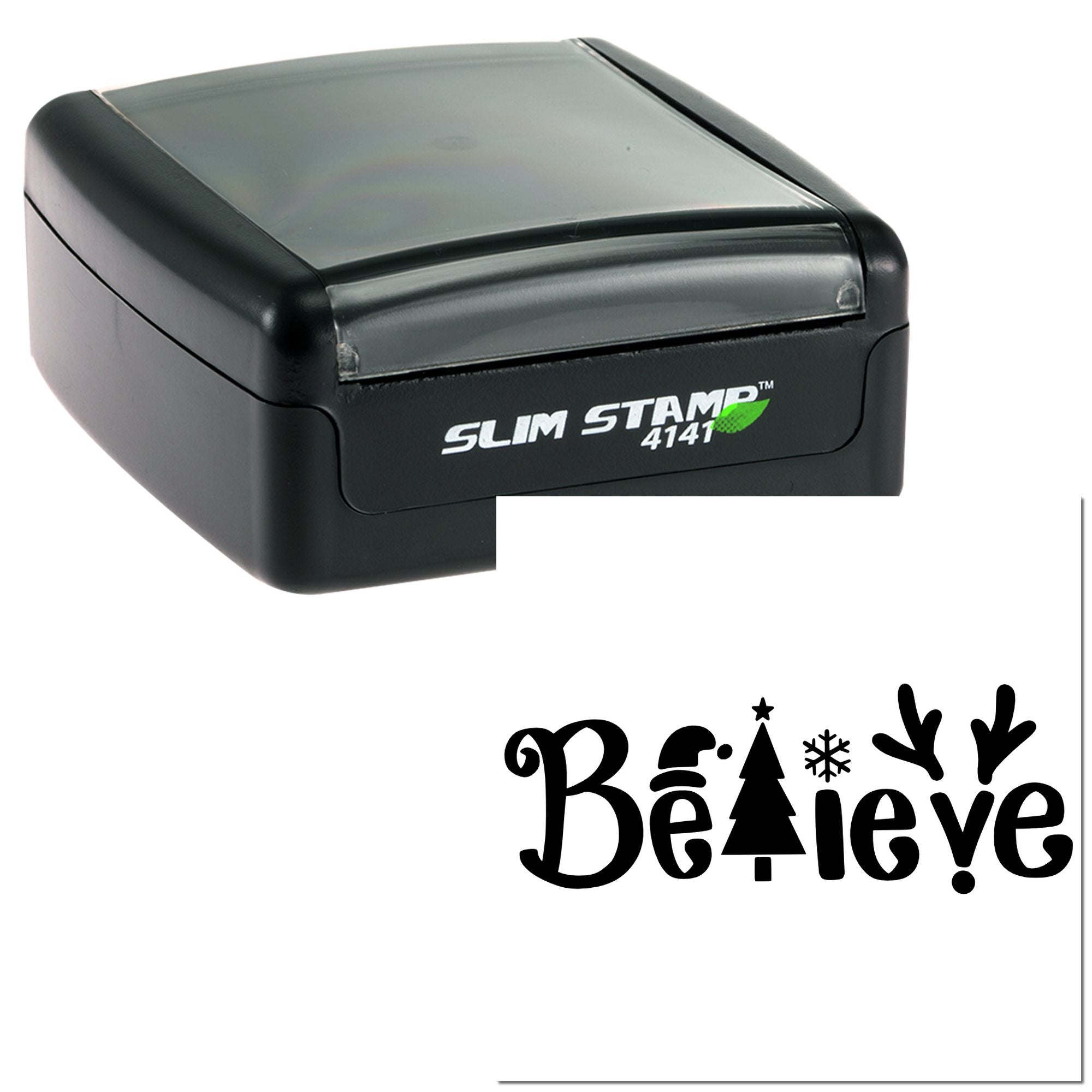 Self-inking rubber stamp with Believe Christmas design, Slim Stamp 4141 custom holiday stamp