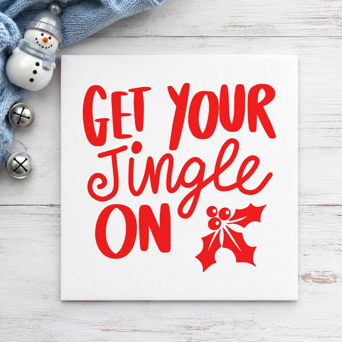 Get Your Jingle On Holly rubber stamp shown in red ink, stamped for projects such as gear crate labels.