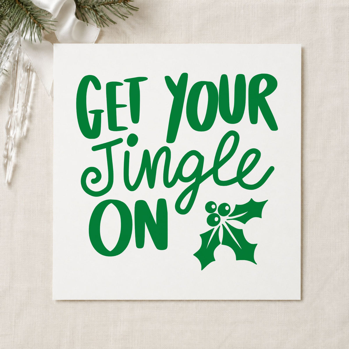 Get Your Jingle On Holly craft stamp imprint in green ink on a handmade project, one idea being promo flyer cards.