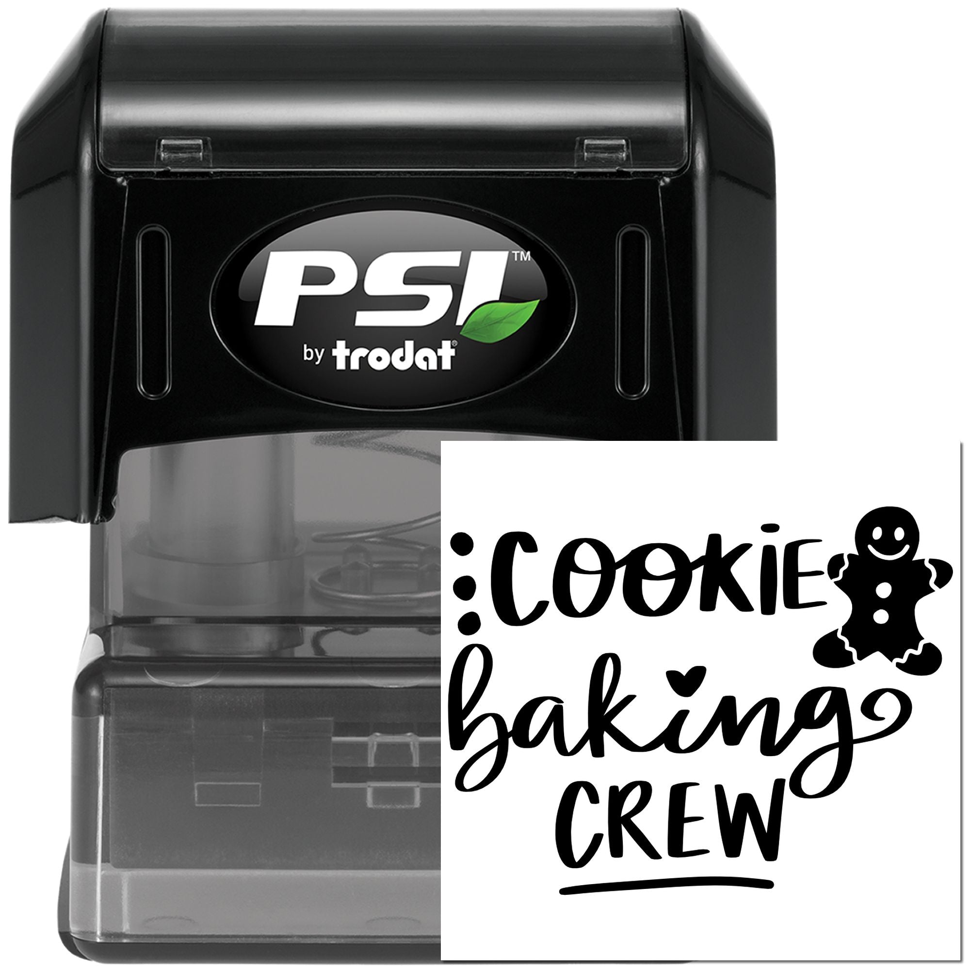 PSI by Trodat self-inking rubber stamp with Cookie Baking Crew design for bakeries, cookie boxes, and baking teams.