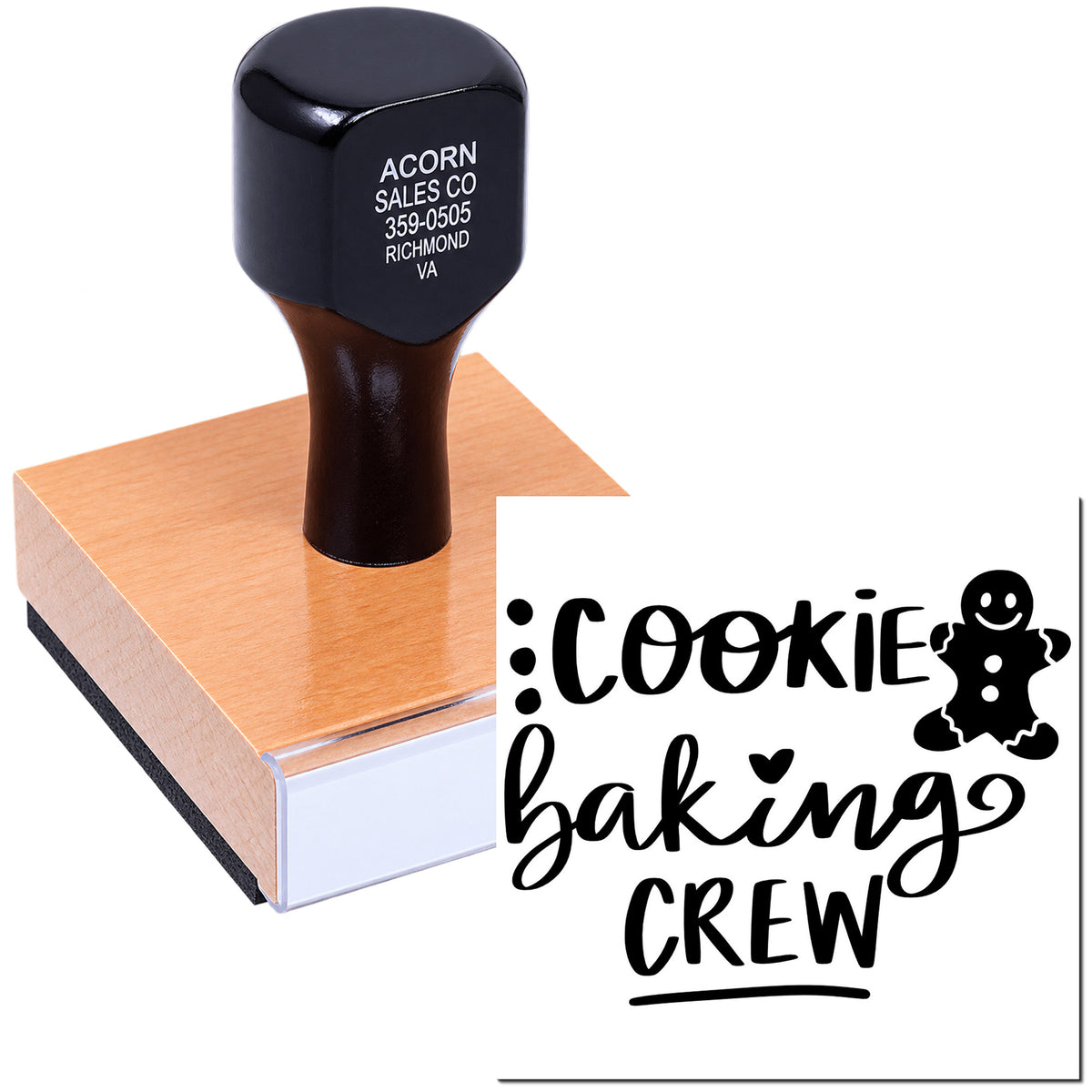 Cookie Baking Crew custom rubber stamp for bakery packaging, with gingerbread man design imprint.