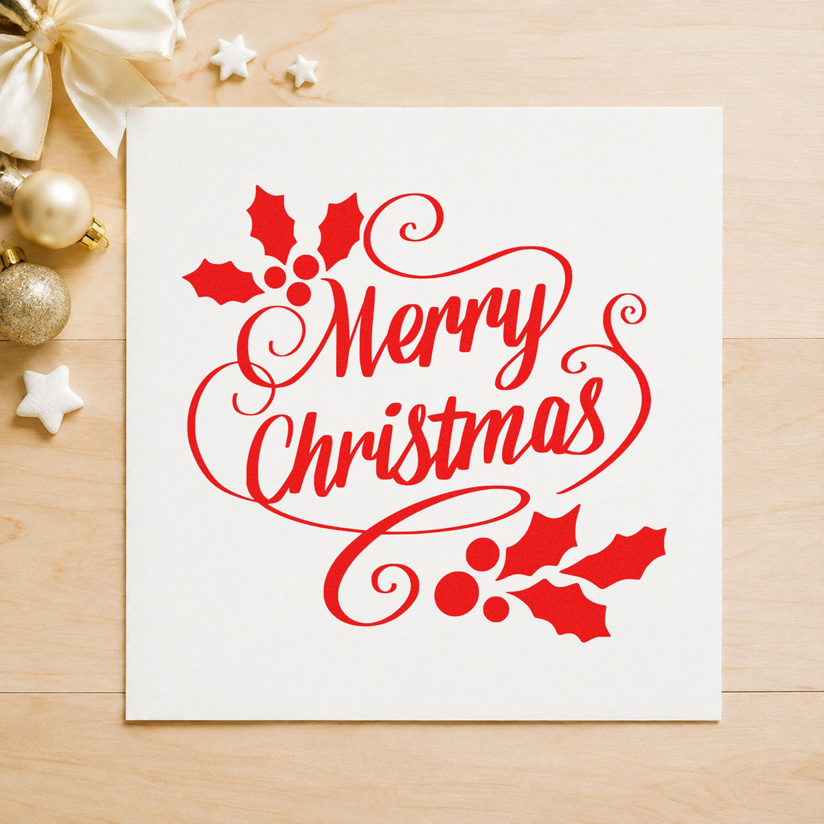 Merry Christmas Holly Flourishes rubber stamp shown in red ink, stamped for projects such as envelope seal labels.