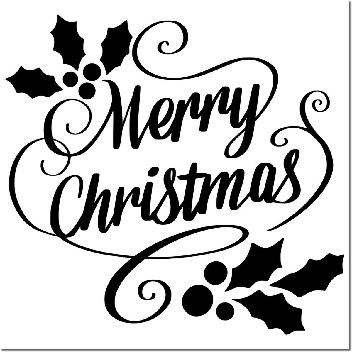 Merry Christmas rubber stamp design with decorative holly and swirling script for holiday cards and crafts