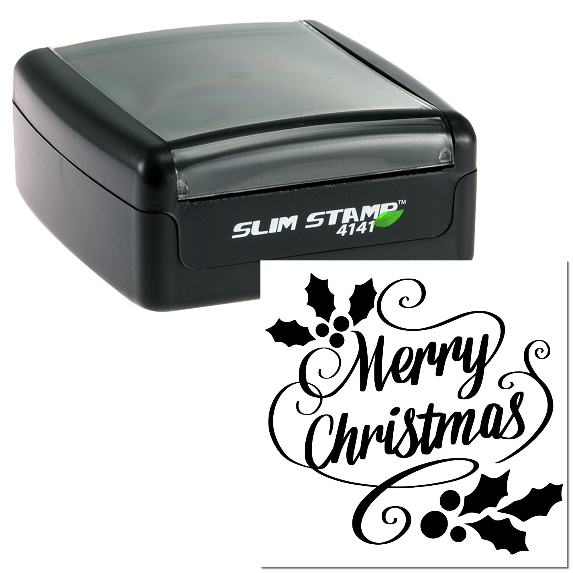 Slim Stamp 4141 self-inking rubber stamp with Merry Christmas design for holiday cards and paper crafting.