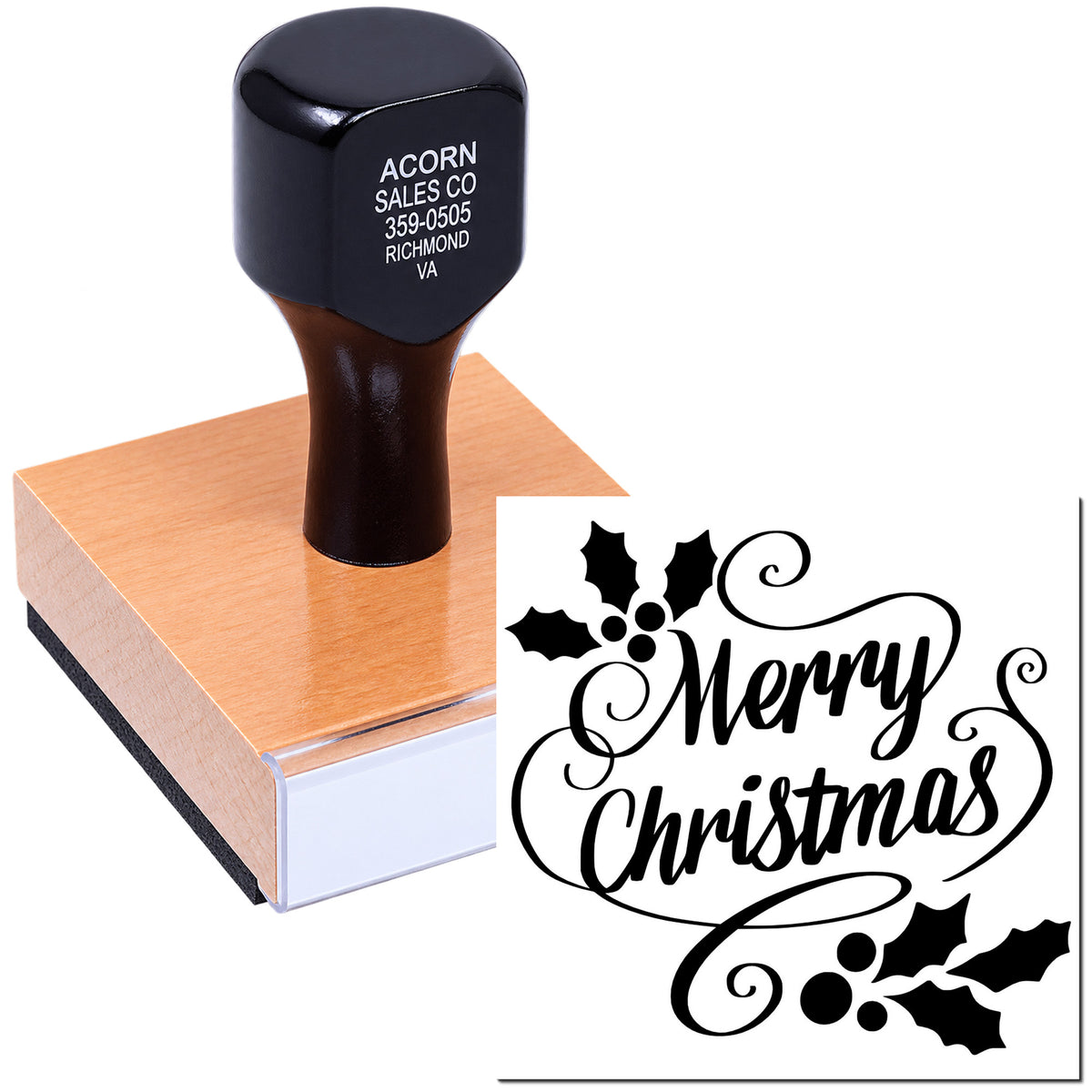 Merry Christmas rubber stamp with holly design, shown on a wooden stamp block for holiday card making.