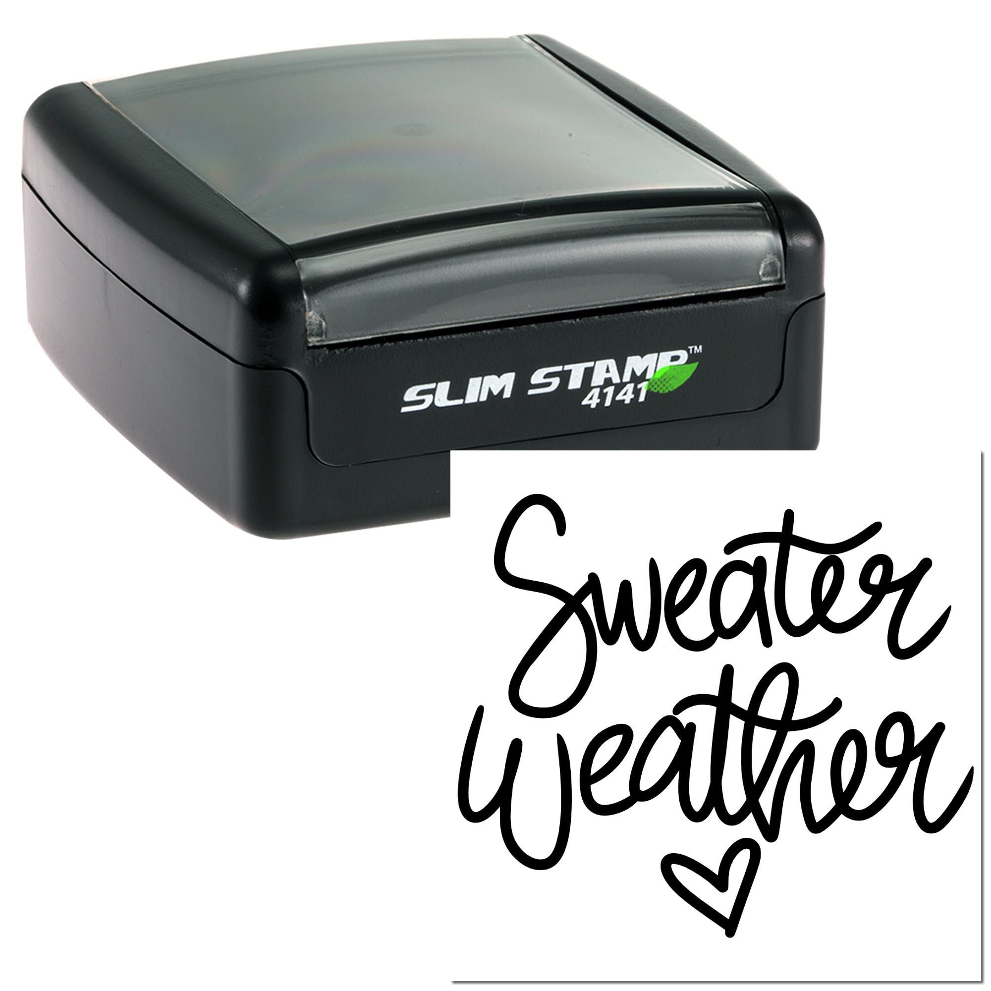 Slim Stamp 4141 self-inking rubber stamp with custom Sweater Weather script design and heart icon.