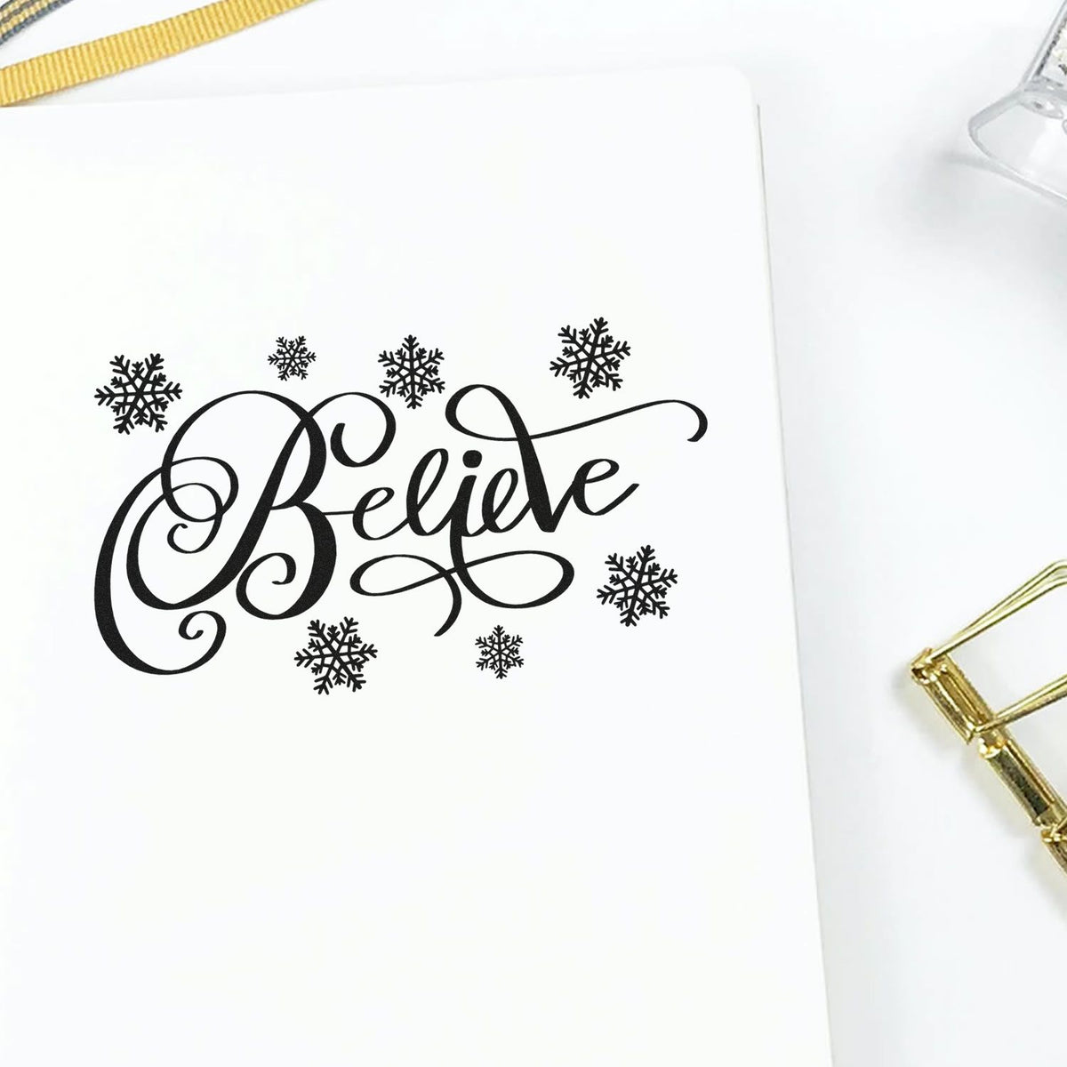Believe snowflake rubber stamp for holiday cards, winter crafts, and Christmas stationery