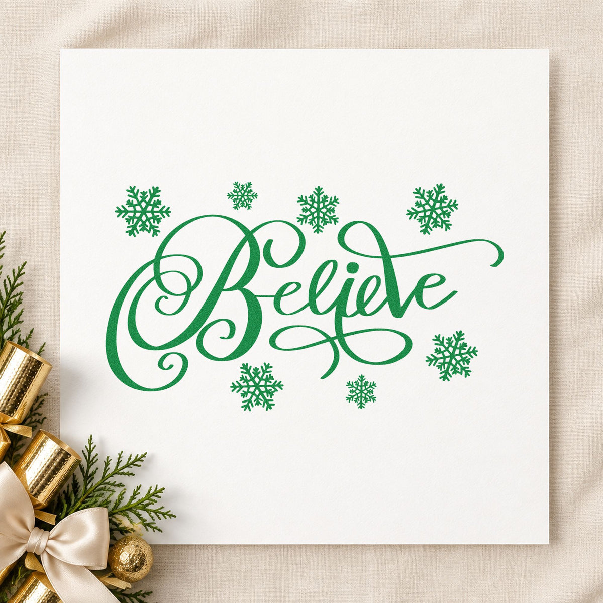 Believe Surrounded By Snowflakes Script Lettering Stamp – Self-Inking in use 3