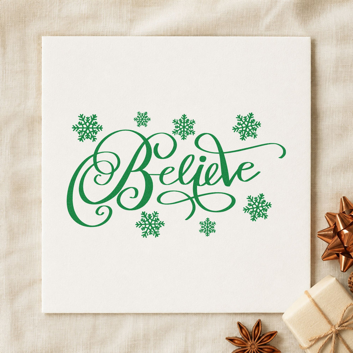 Believe Surrounded By Snowflakes Script Lettering Stamp – Self-Inking in use 8