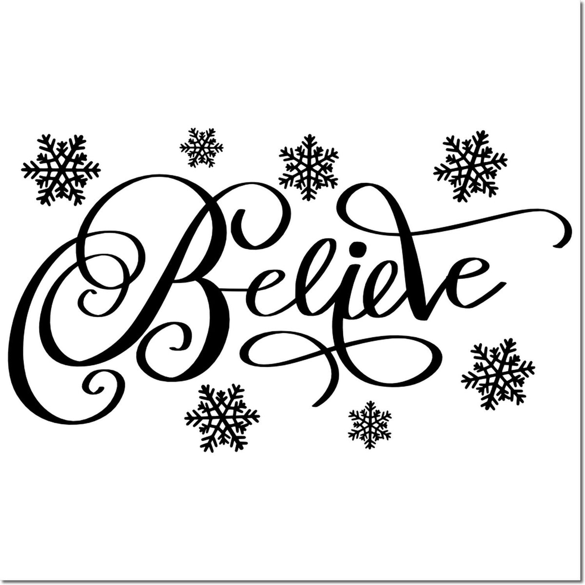 Christmas Believe rubber stamp design with elegant script and snowflakes for holiday crafting