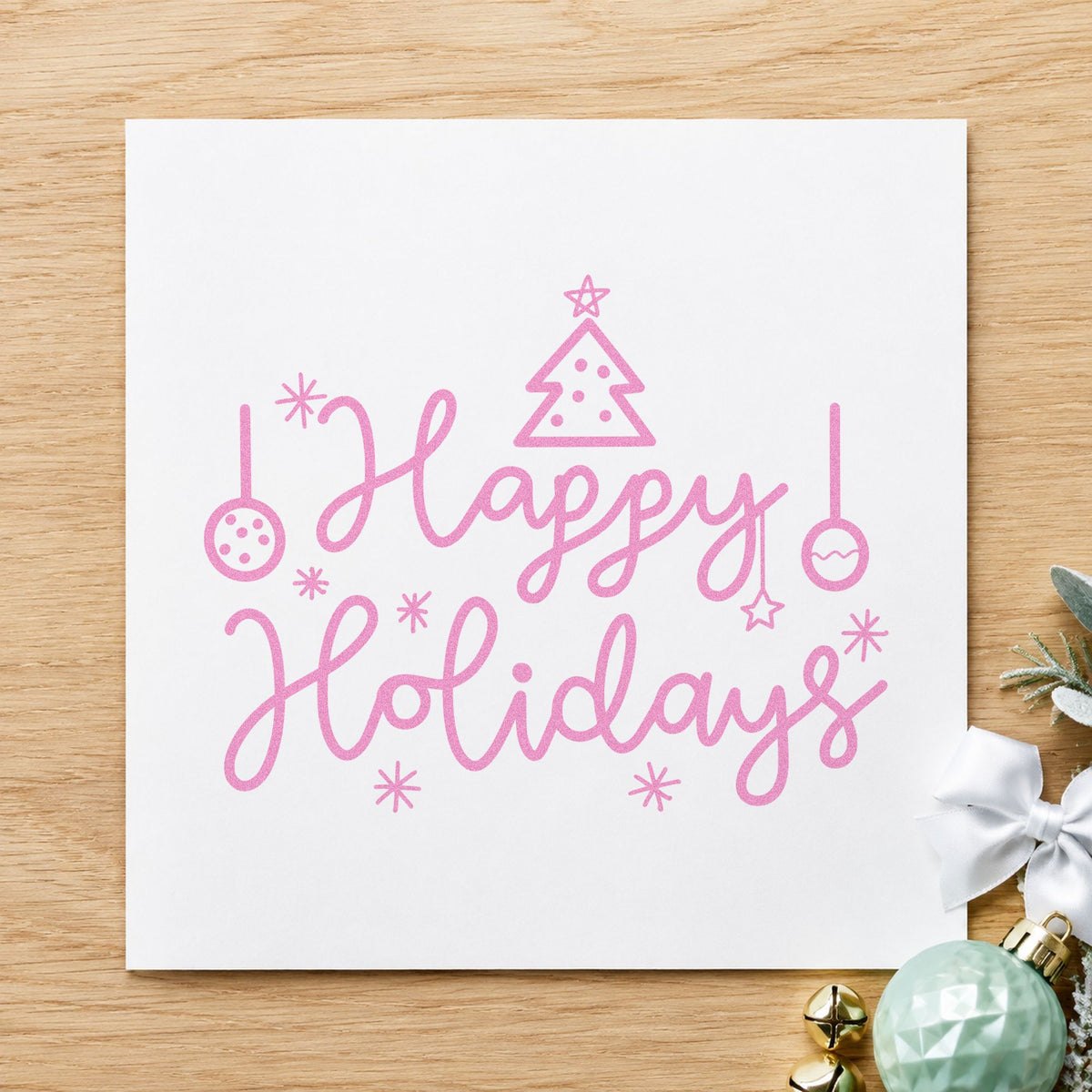 Happy Holidays Tree Ornaments craft stamp in purple ink on cardstock, an easy option for trim night album.