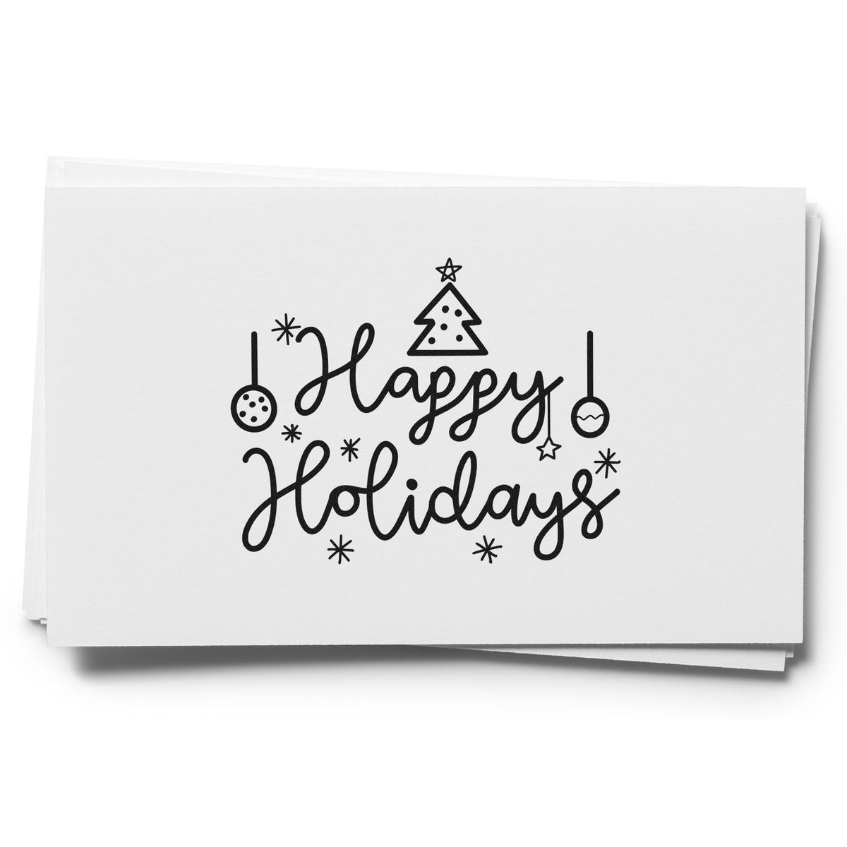 Happy Holidays rubber stamp design with Christmas tree and ornaments for festive card making and holiday crafting.