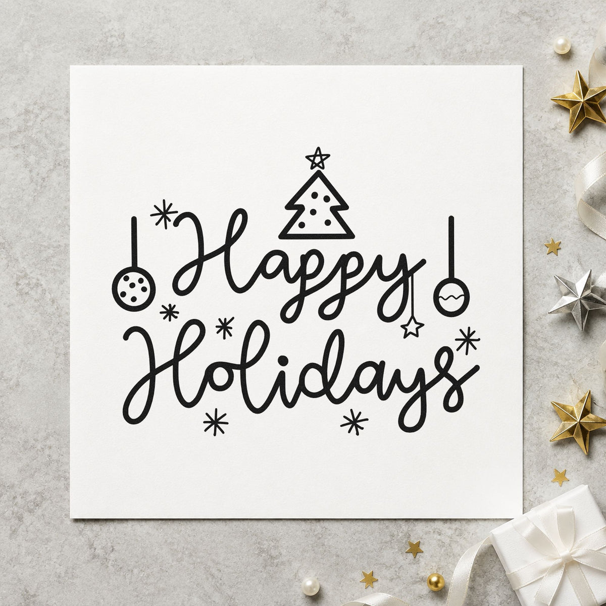 Happy Holidays Tree Ornaments rubber stamp printed in black ink, ready for decorated tree cards and similar paper crafts.