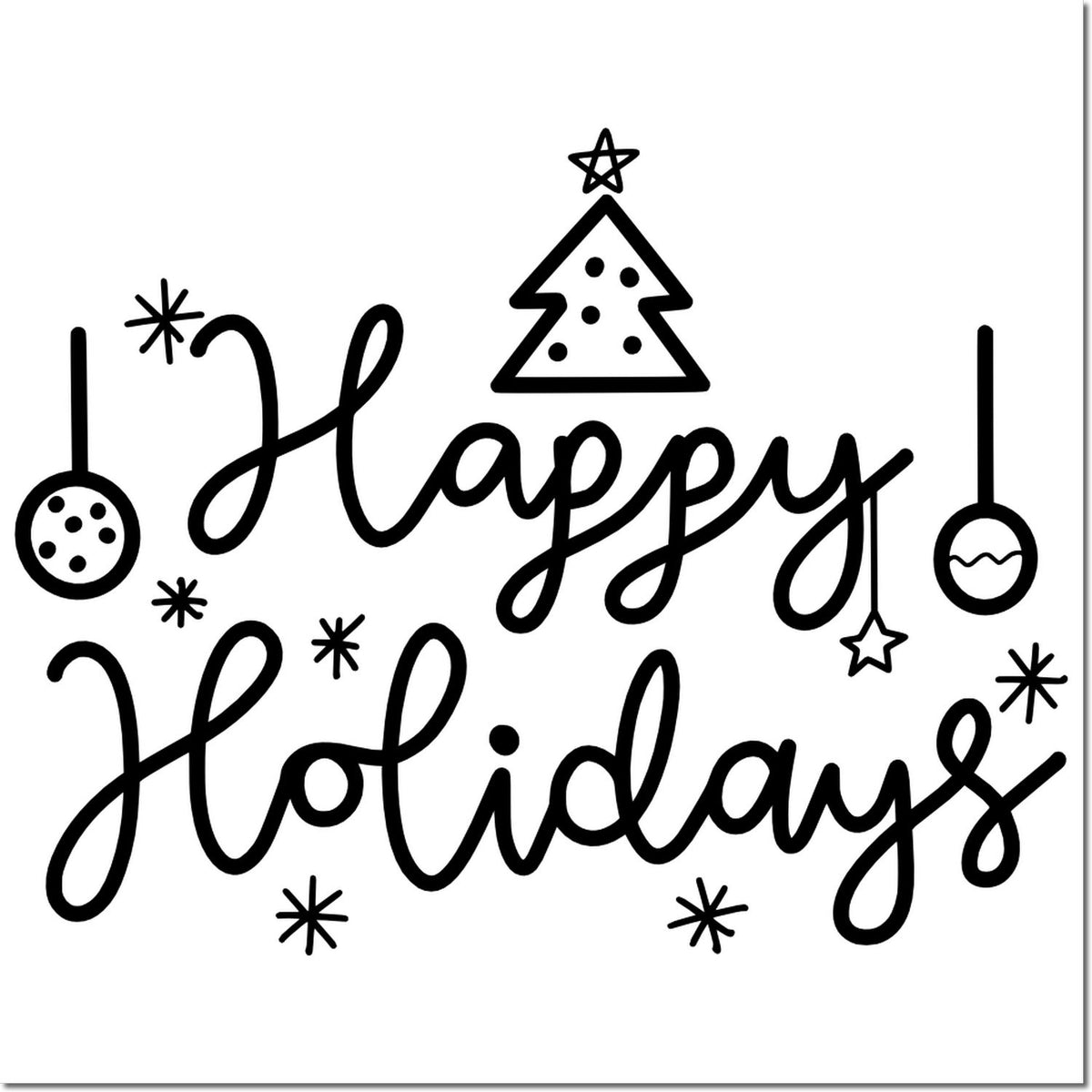 Happy Holidays Christmas rubber stamp design with tree, ornaments, and festive stars for holiday cards and crafts.