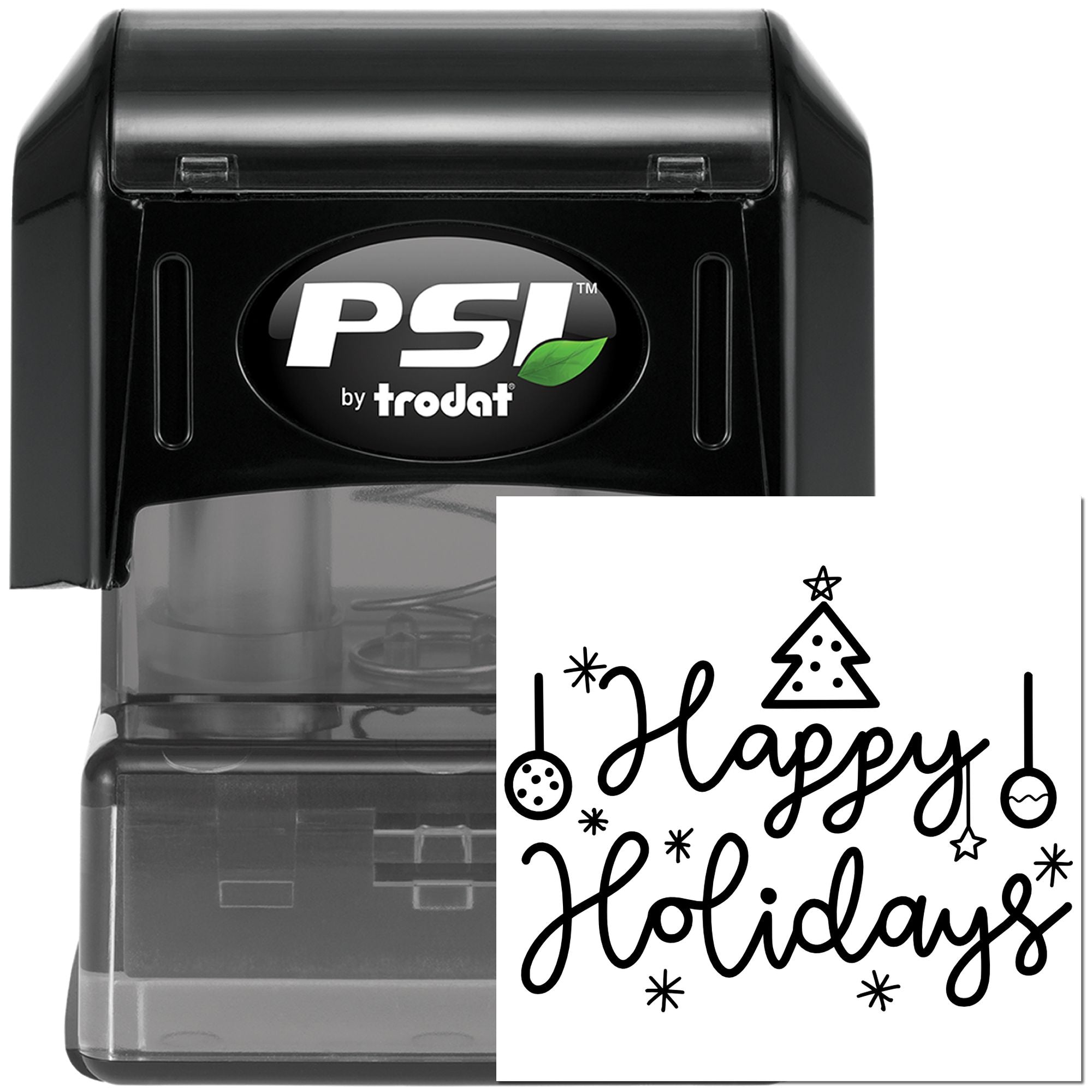 PSI by Trodat self-inking rubber stamp with Happy Holidays design for festive holiday cards and packaging.