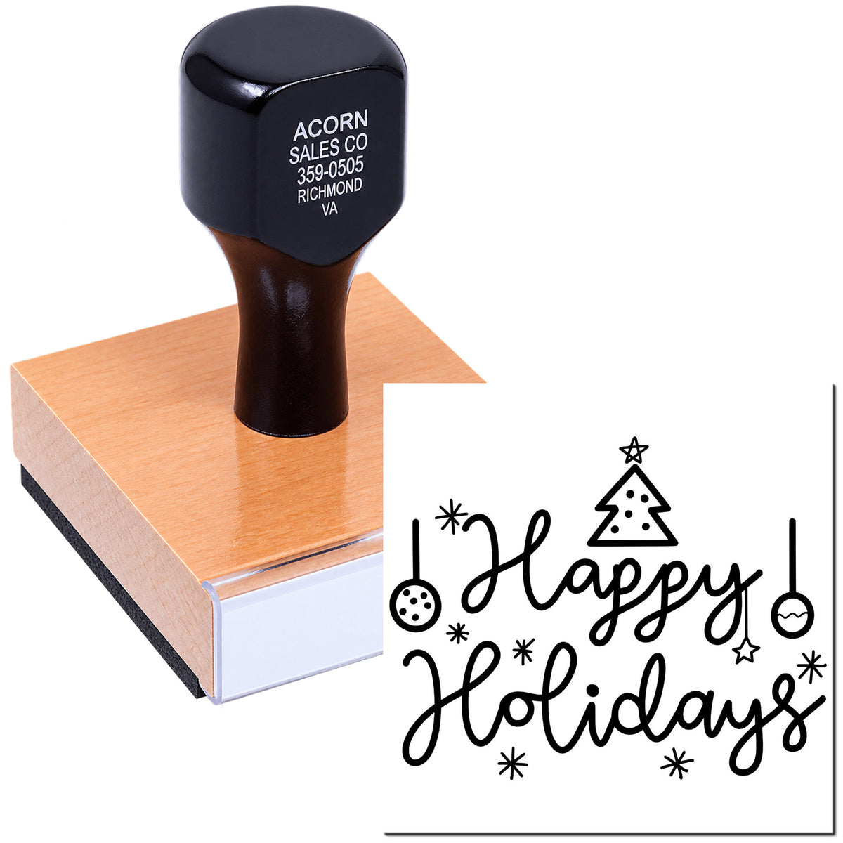 Custom holiday rubber stamp with Happy Holidays design, showing a self-inking stamp and festive Christmas imprint.