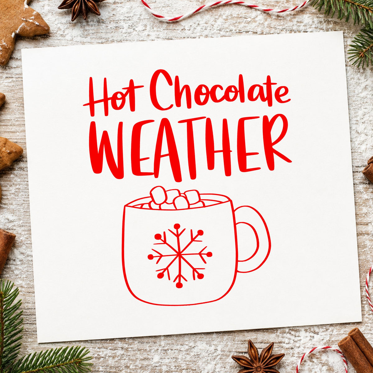 Hot Chocolate Weather Mug craft stamp in red ink on cardstock, an easy option for mug cozy printing.