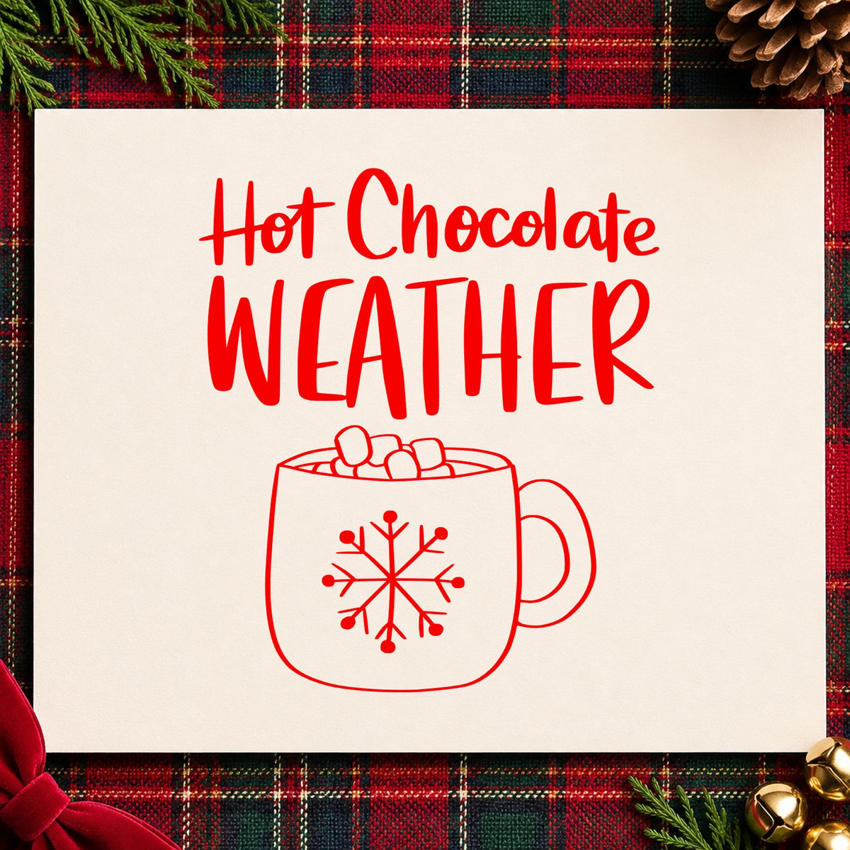 Hot Chocolate Weather Mug rubber stamp shown in red ink, stamped for projects such as topping tub labels.