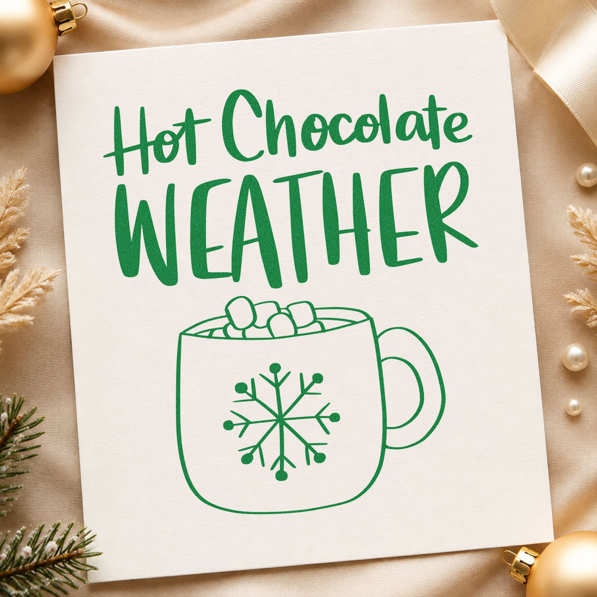 Hot Chocolate Weather Mug craft stamp imprint in green ink on a handmade project, one idea being bar menu cards.