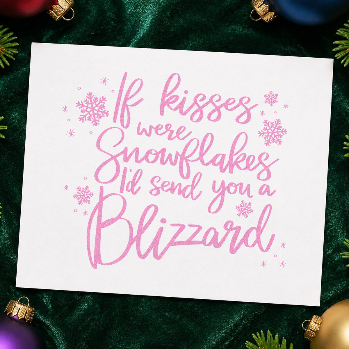 Kisses Snowflakes Blizzard Quote craft stamp in purple ink on cardstock, an easy option for distance album page.