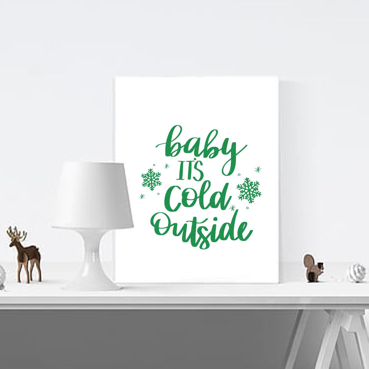 Baby Cold Outside Snowflakes rubber stamp shown in green ink, stamped for projects such as weather album page.