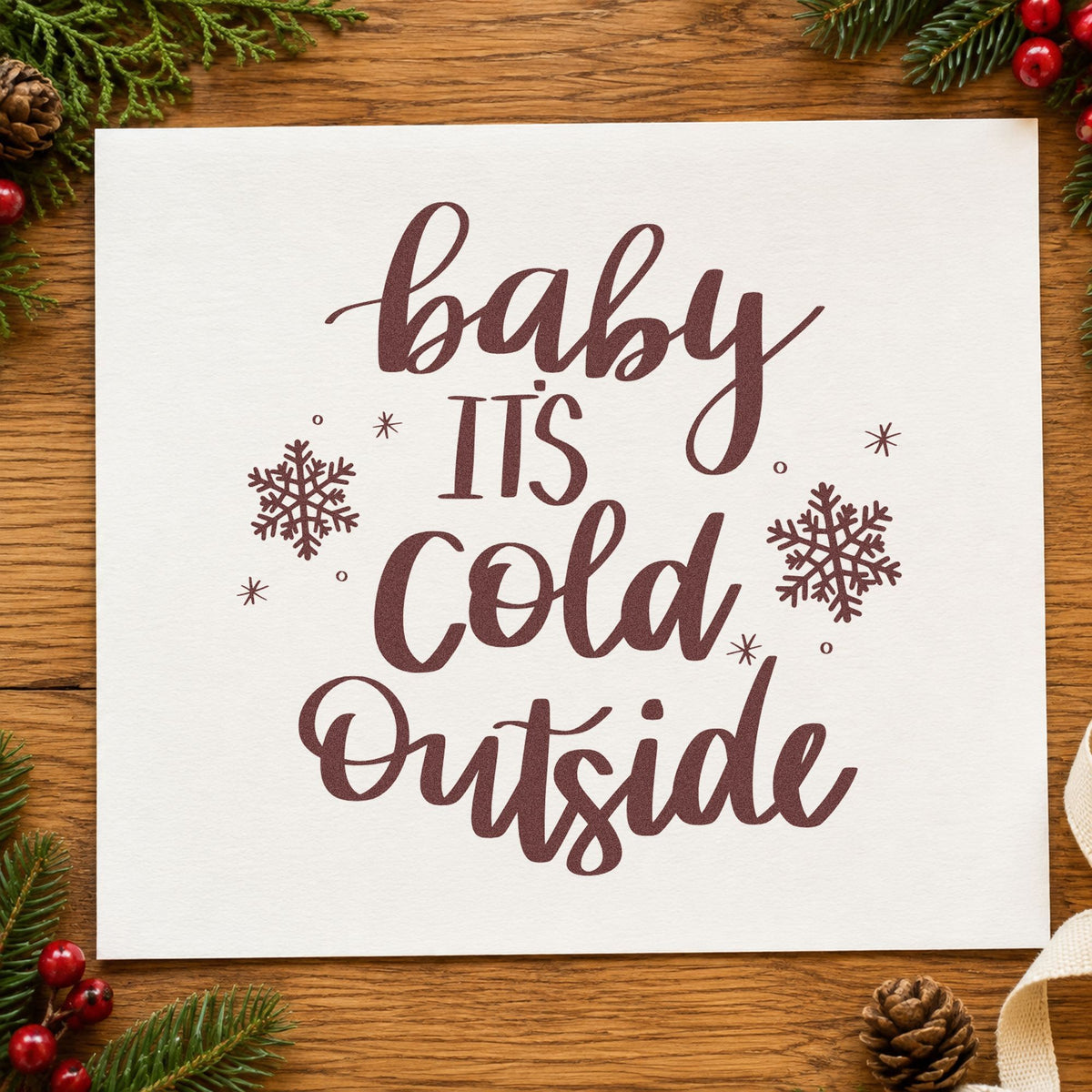 Baby Cold Outside Snowflakes rubber stamp printed in brown ink, ready for contact list sheet and similar paper crafts.