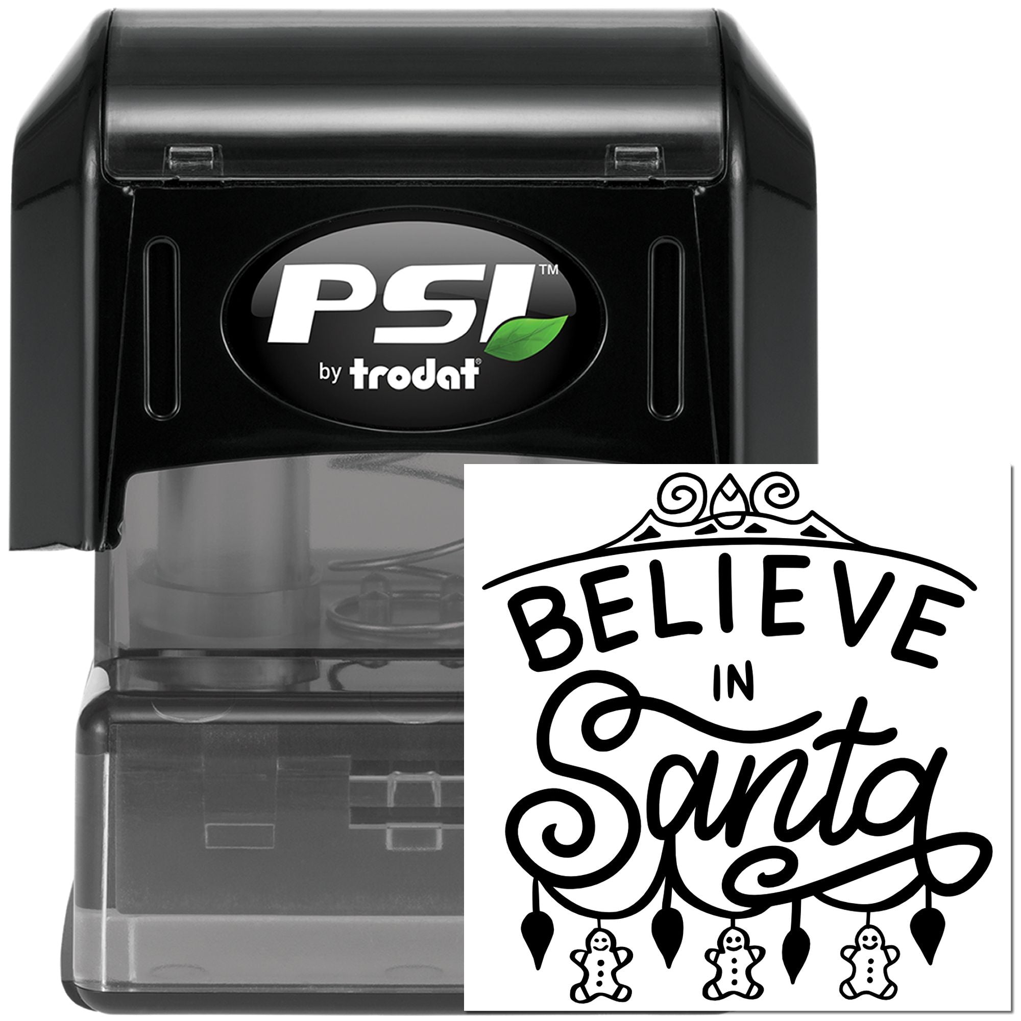 PSI by Trodat self-inking rubber stamp with Believe in Santa holiday design for festive custom stamping