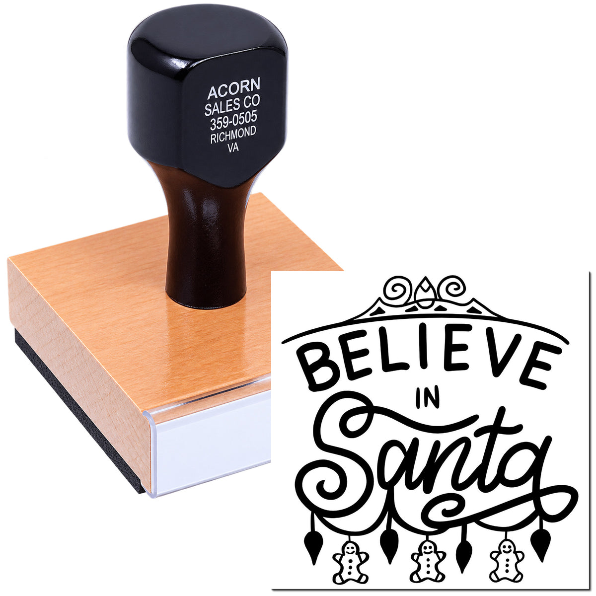 Believe in Santa rubber stamp on wood block, holiday crafting stamp for Christmas cards and festive DIY projects.