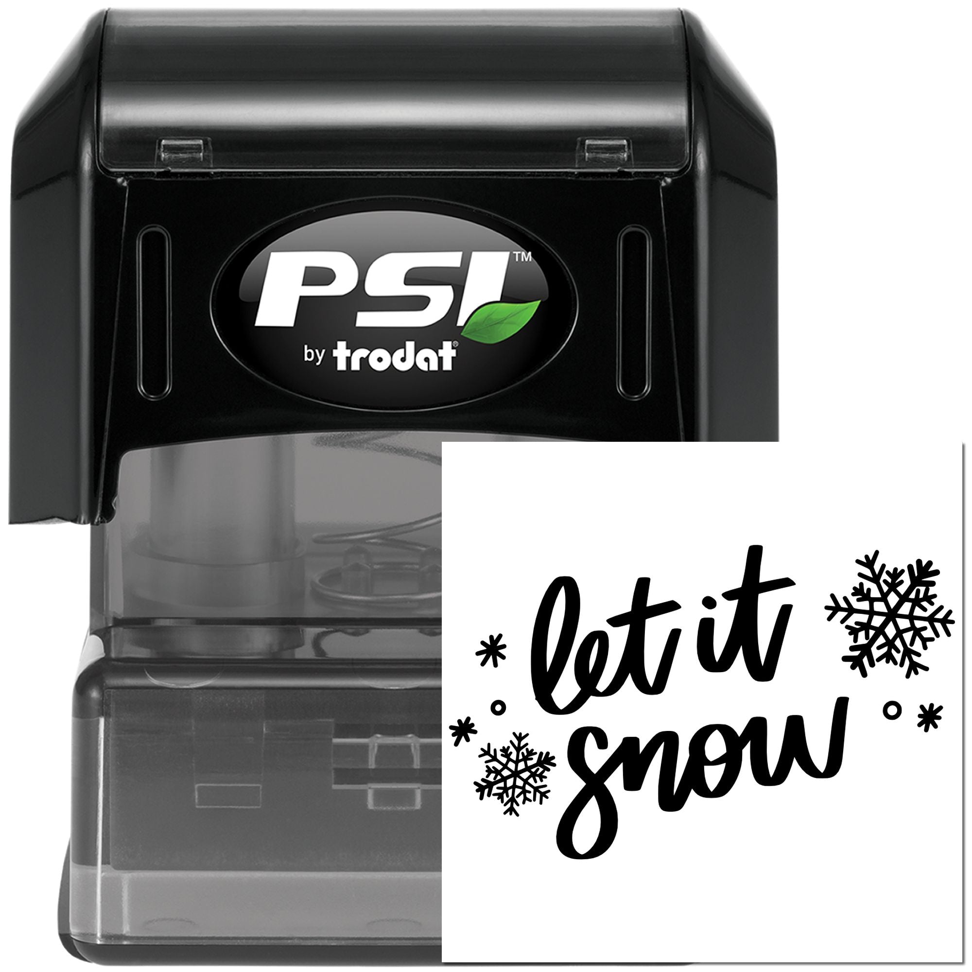 Winter self-inking rubber stamp with let it snow and snowflake design for holiday cards, crafts, and packaging.