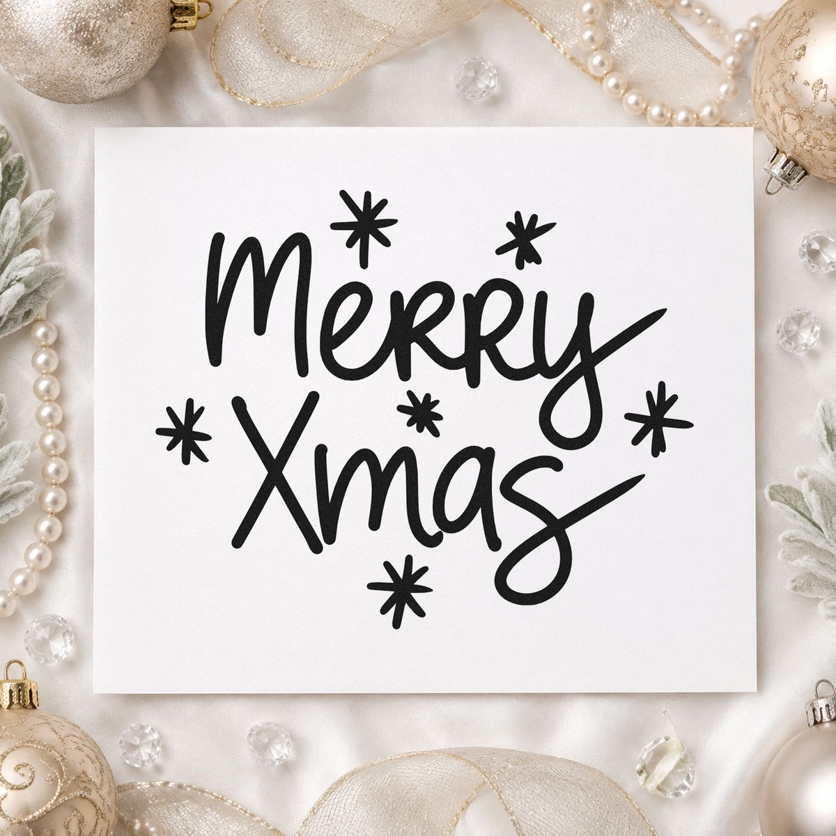 Merry Xmas Starbursts rubber stamp printed in black ink, ready for casual abbrev cards and similar paper crafts.