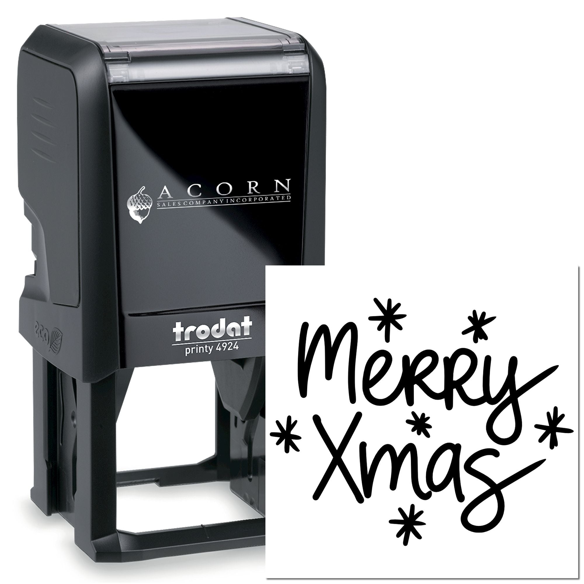 Trodat Printy 4924 custom self-inking rubber stamp with Merry Xmas holiday imprint for festive branding.