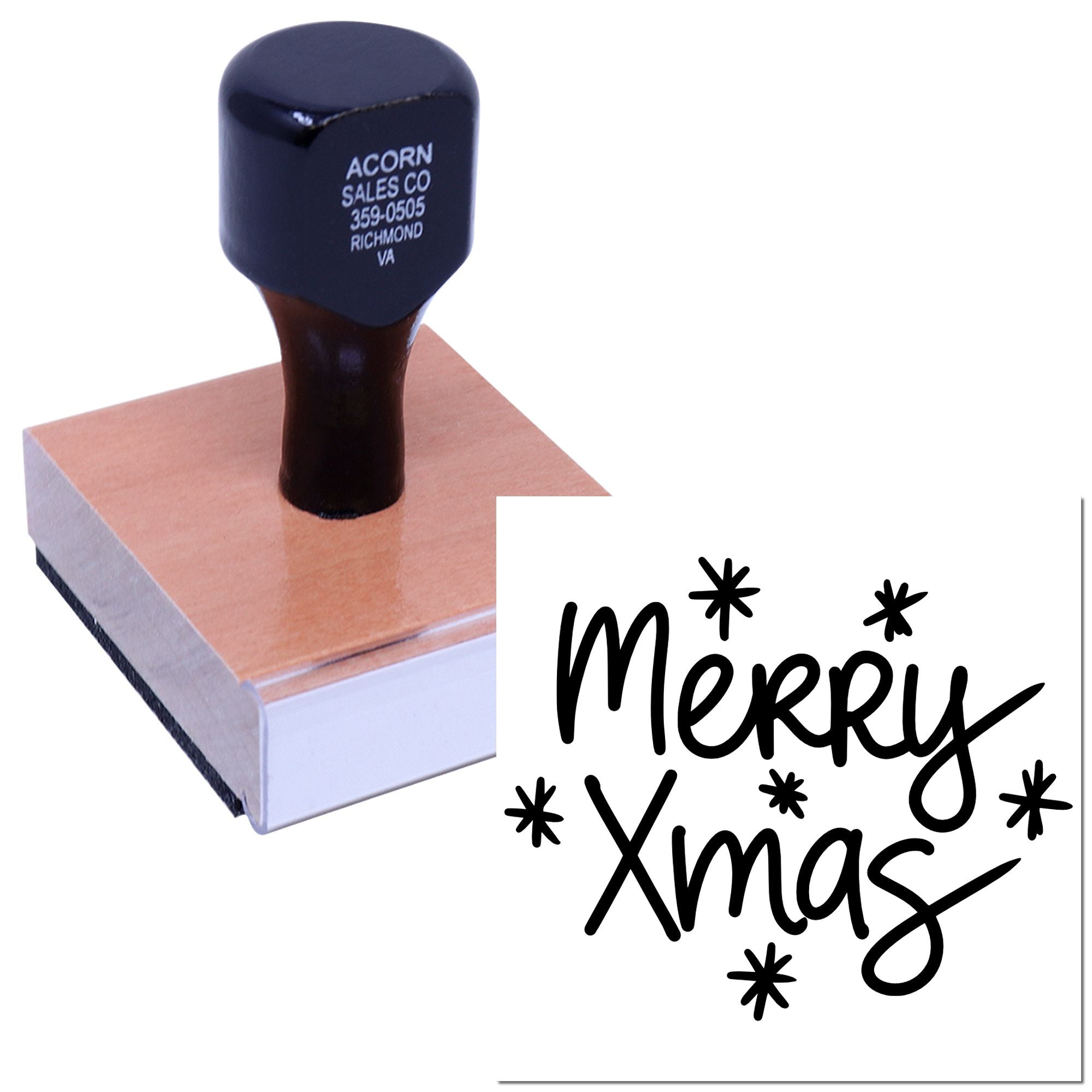 Custom Merry Xmas rubber stamp on wood block for holiday card making and festive Christmas crafting.