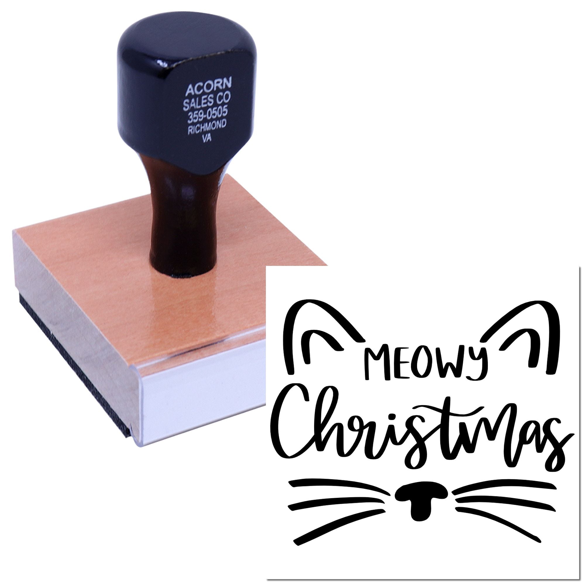Custom rubber stamp with Meowy Christmas cat design for holiday card making and festive pet-themed crafts.