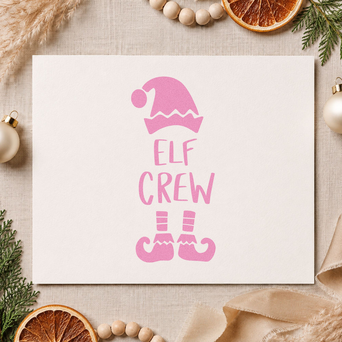 Elf Crew Hat And Shoes craft stamp in purple ink on cardstock, an easy option for costume album page.