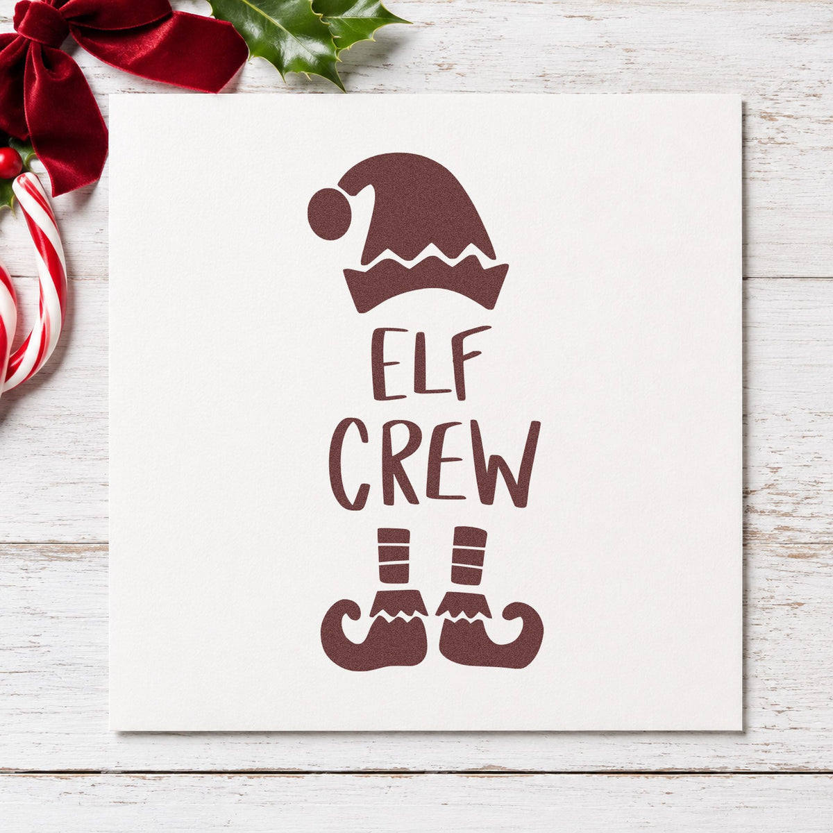 Elf Crew Hat And Shoes rubber stamp printed in brown ink, ready for volunteer roll sheet and similar paper crafts.